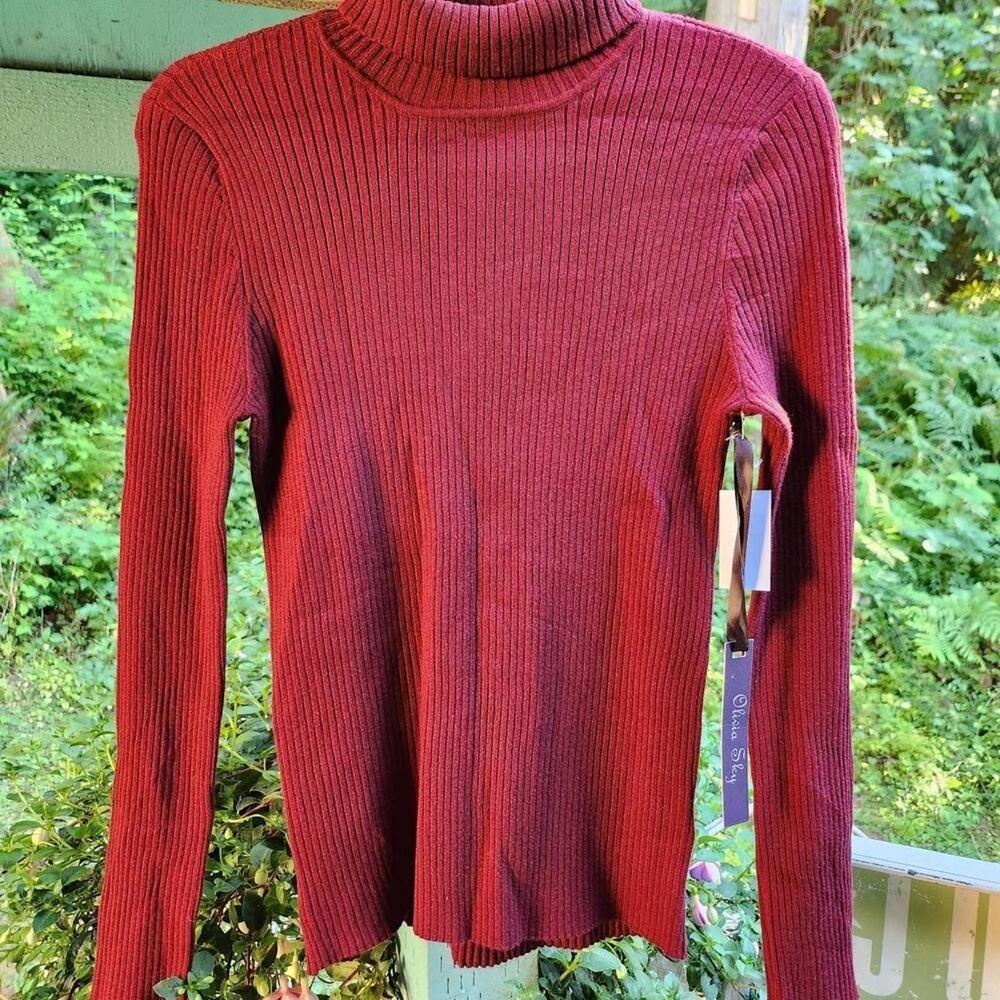 Olivia Sky Ribbed Turtleneck Sweater M Red Long Sleeve Stretch Knit